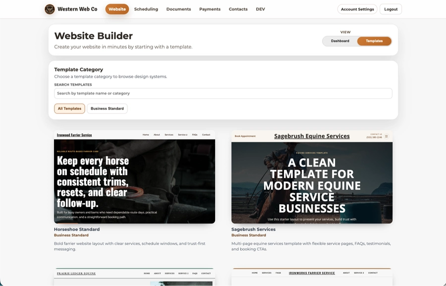 Website template selection view